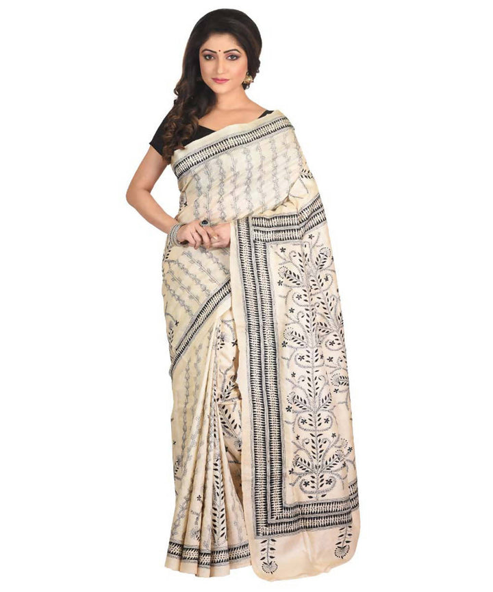 Cream bengal exclusive tasar saree with hand embroidery work