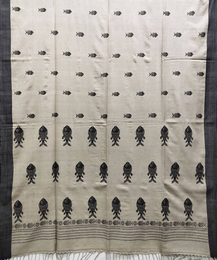 Beige black handwoven cotton handspun saree