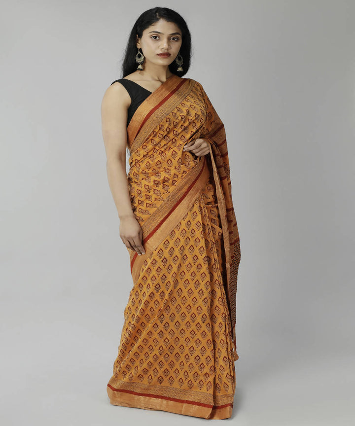 Deep carrot orange bagru handblock printed cotton saree