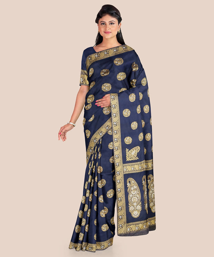 Dark navy blue handloom silk katan banarasi saree