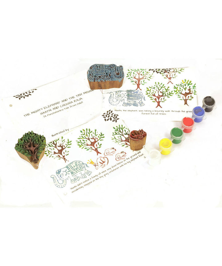 Wood Block Print DIY Craft Kit Panchatantra (Mighty Elephant and Mouse)