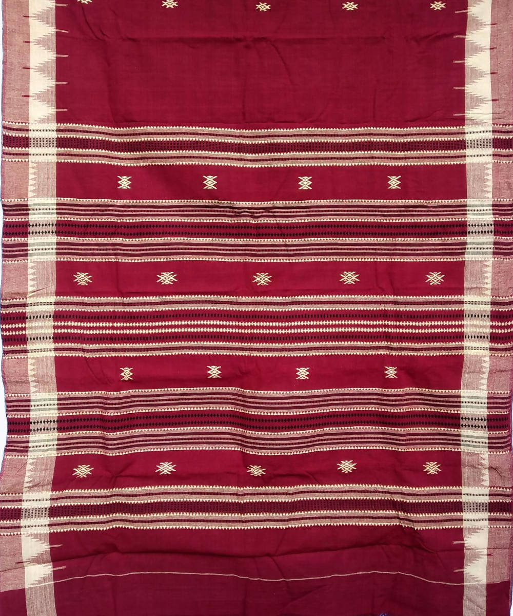 Maroon white handloom coarse cotton kotpad saree