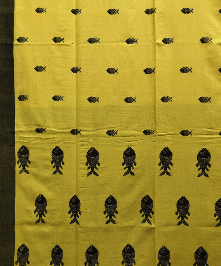 Yellow black handwoven cotton handspun saree