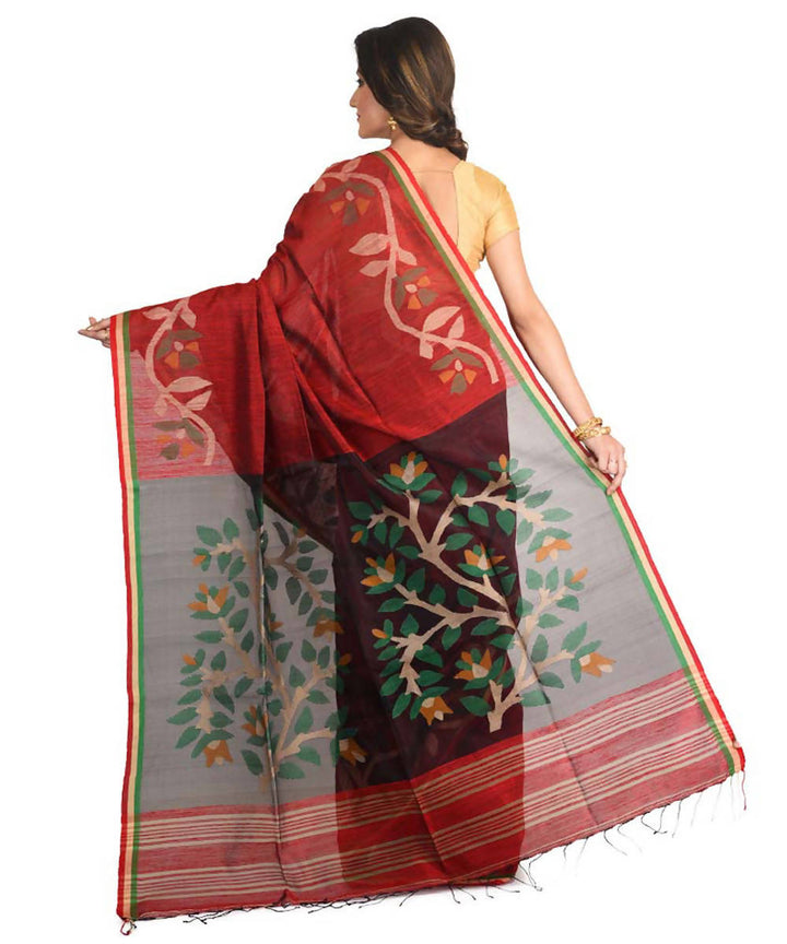 Resham shilpi maroon bengal silk saree with handwoven jamdani work