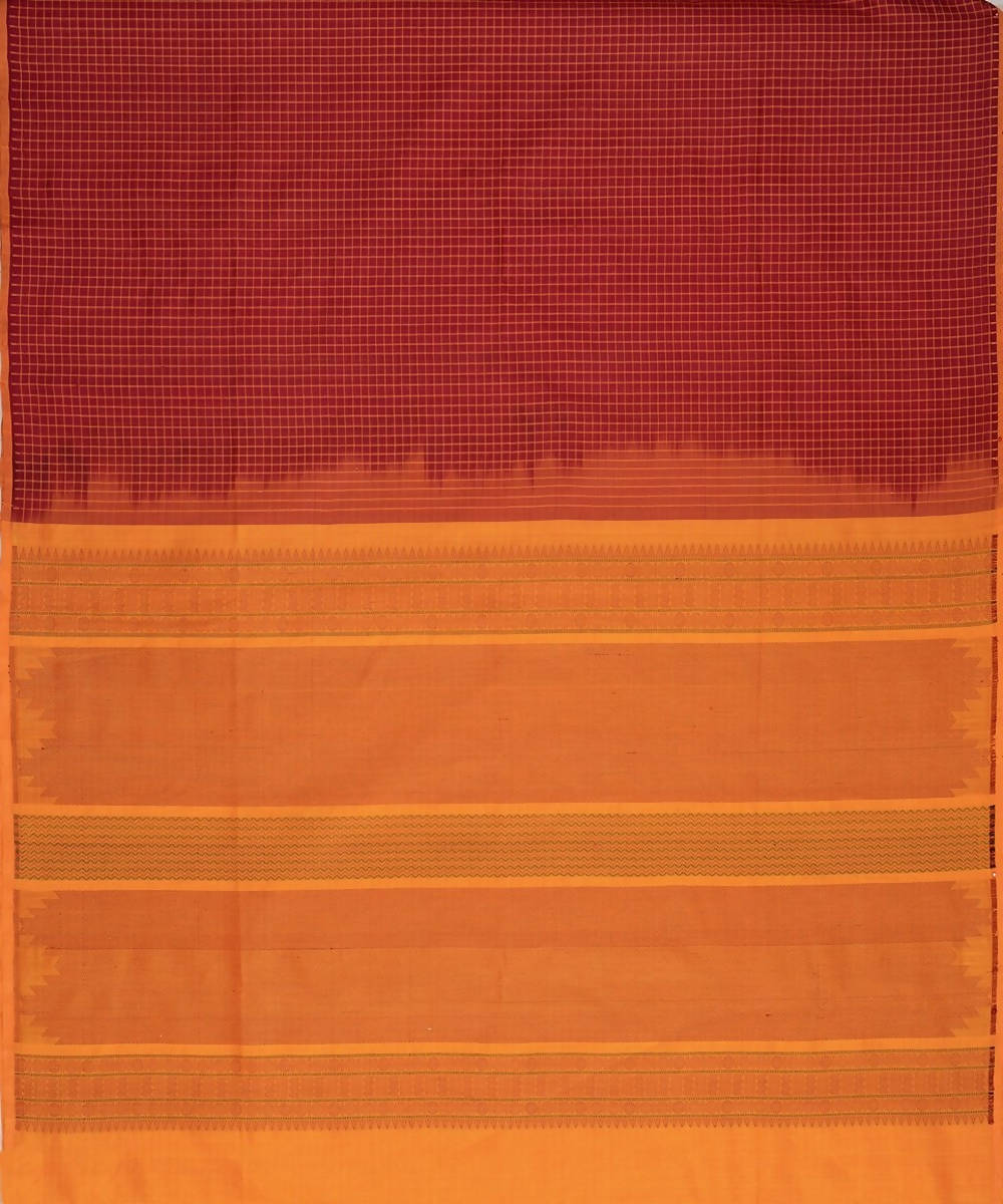 Maroon kanchi silk cotton saree with checks and mustard pallu