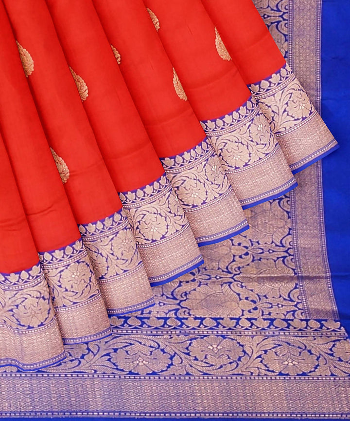 Red and blue handloom silk katan banarasi saree
