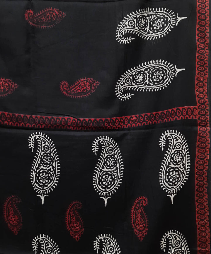 Black handblock printed paisley motif mul cotton saree