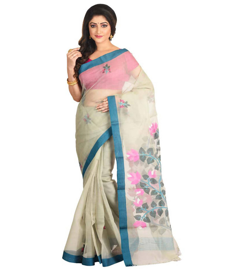 Resham shilpi bengal white silk saree with handwoven jamdani work