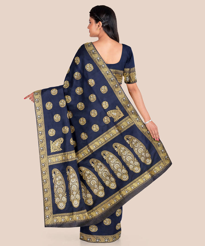 Dark navy blue handloom silk katan banarasi saree