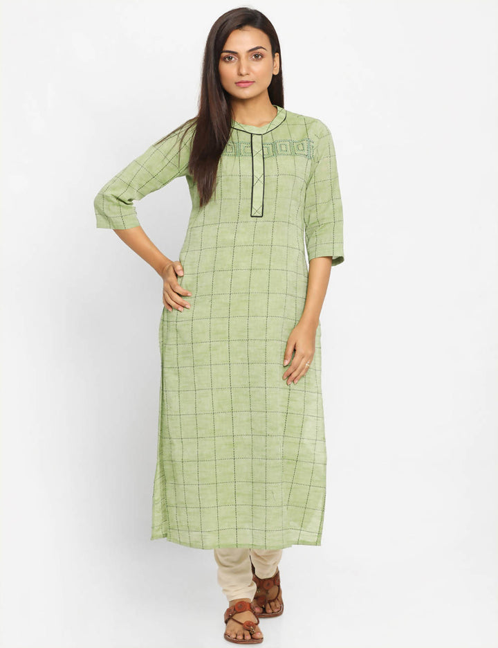 Green Checks Handwoven Cotton Kurta Dress