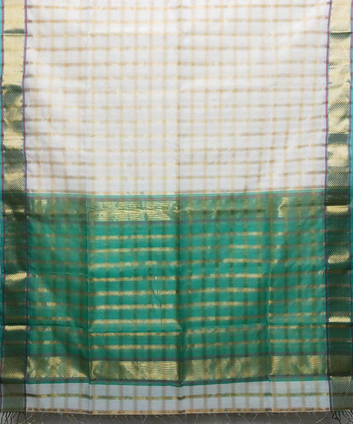 White and green checks handloom cotton silk maheshwari saree
