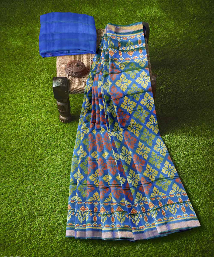 Cyan blue handwoven patola silk saree