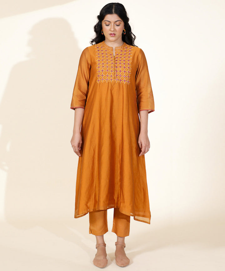 Mustard hand embroidered chanderi cotton silk kurti