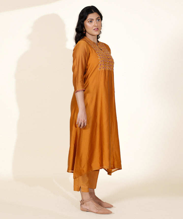 Mustard hand embroidered chanderi cotton silk kurti