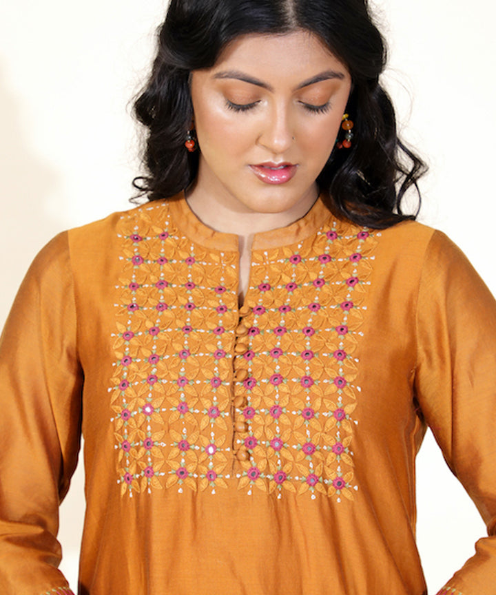 Mustard hand embroidered chanderi cotton silk kurti