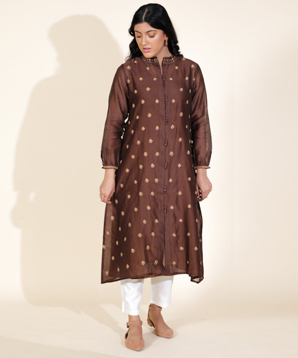 Brown hand embroidered round neck chanderi cotton silk kurta