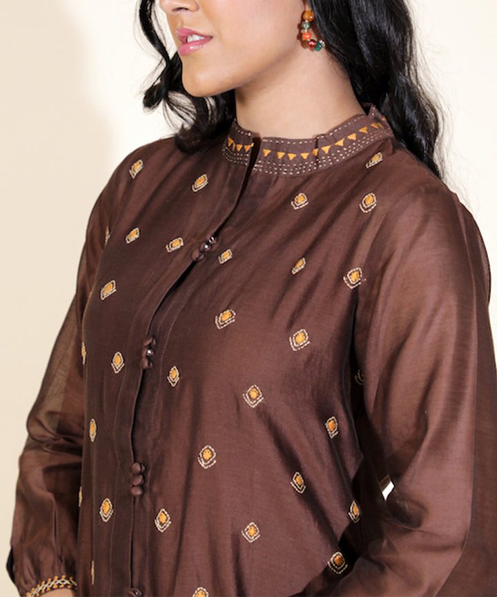 Brown hand embroidered round neck chanderi cotton silk kurta