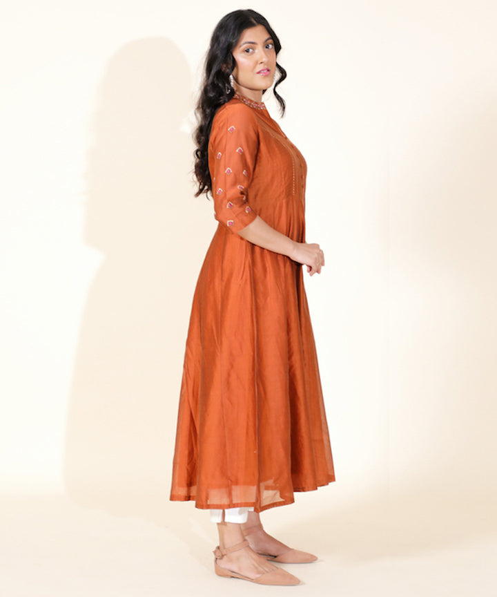 Orange hand embroidered mandarin collar chanderi cotton silk kurta