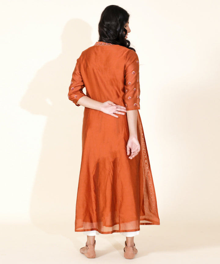 Orange hand embroidered mandarin collar chanderi cotton silk kurta