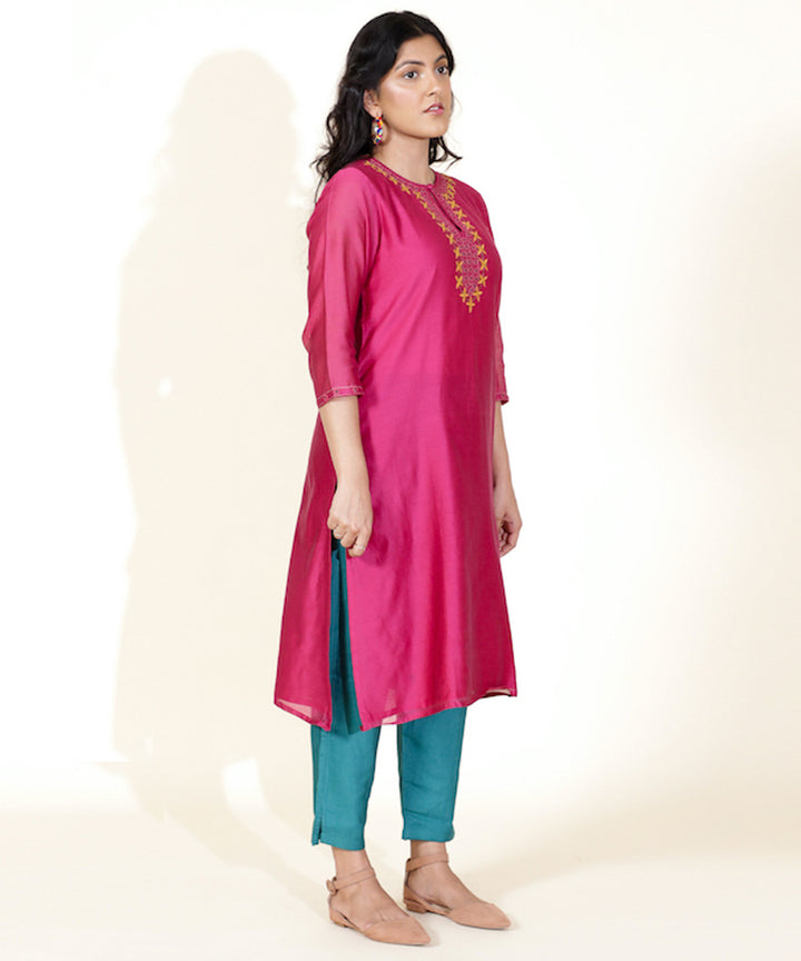 Pink hand embroidered round neck chanderi cotton silk kurta