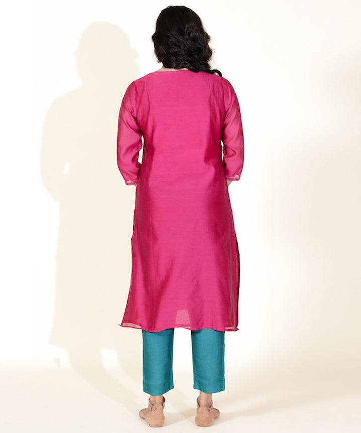 Pink hand embroidered round neck chanderi cotton silk kurta