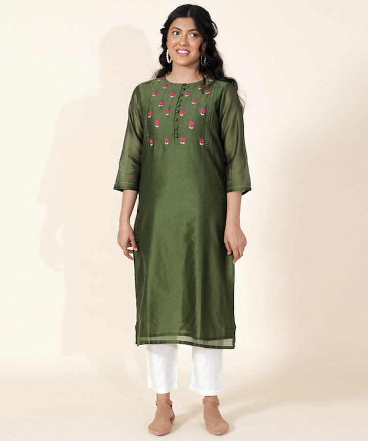 Green hand embroidered pintuck chanderi cotton silk kurta