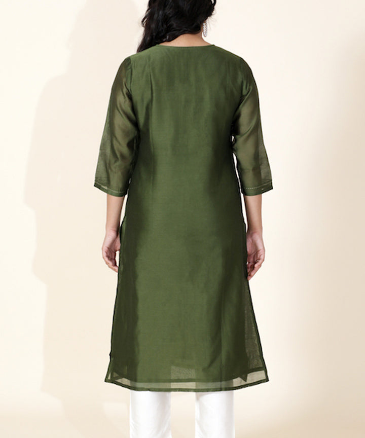 Green hand embroidered pintuck chanderi cotton silk kurta
