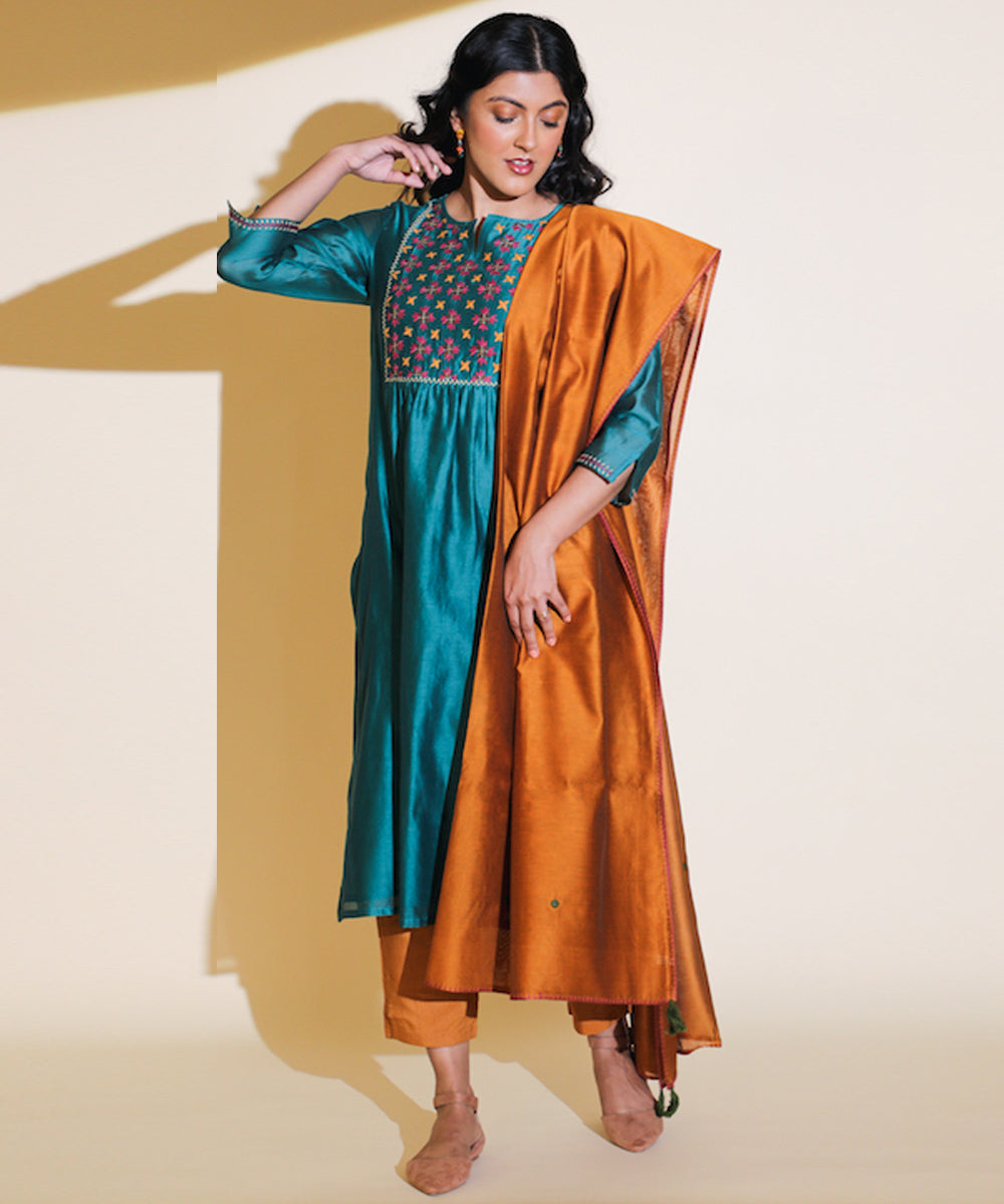 Teal blue hand embroidered chanderi cotton silk kurta