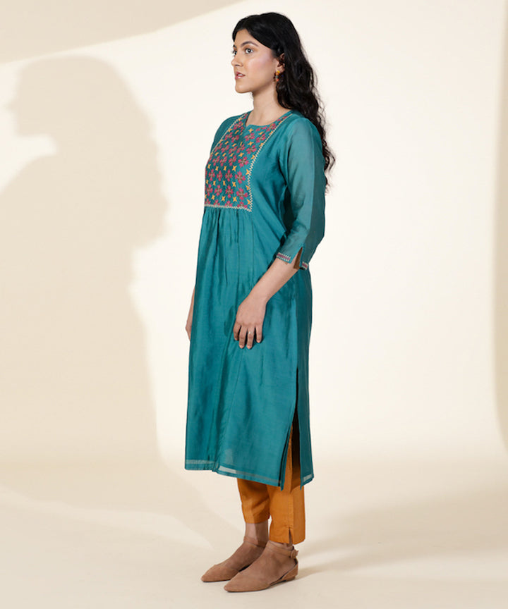 Teal blue hand embroidered chanderi cotton silk kurta