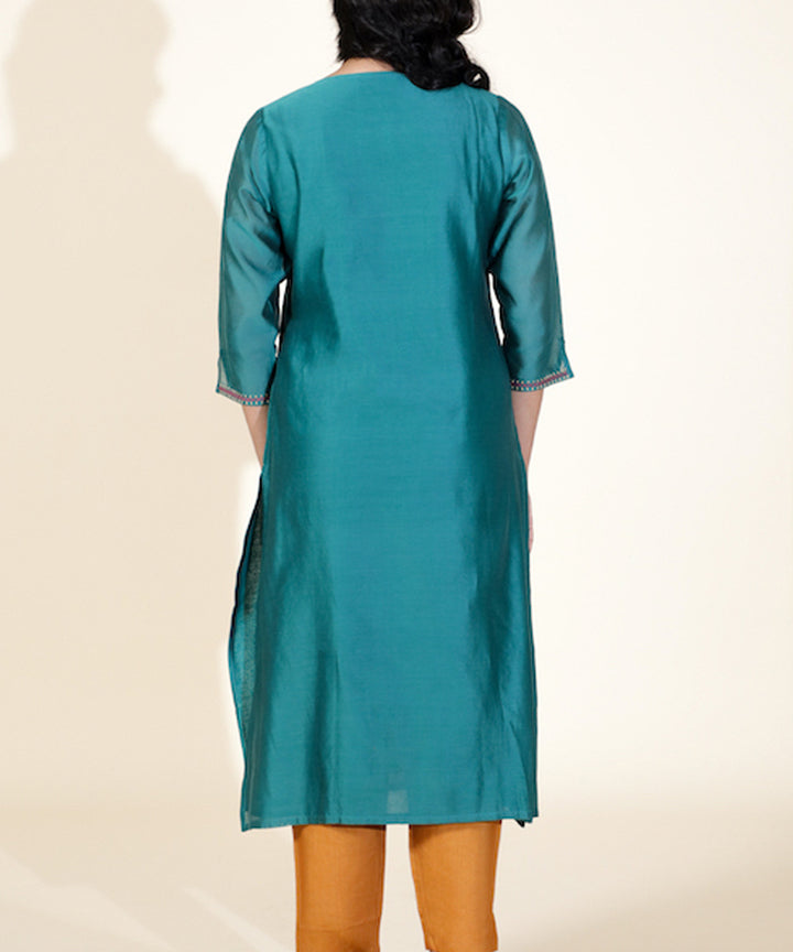 Teal blue hand embroidered chanderi cotton silk kurta