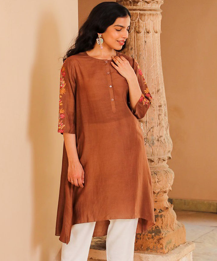 Rangsutra juhi brown kurta with crewel embroidered sleeves