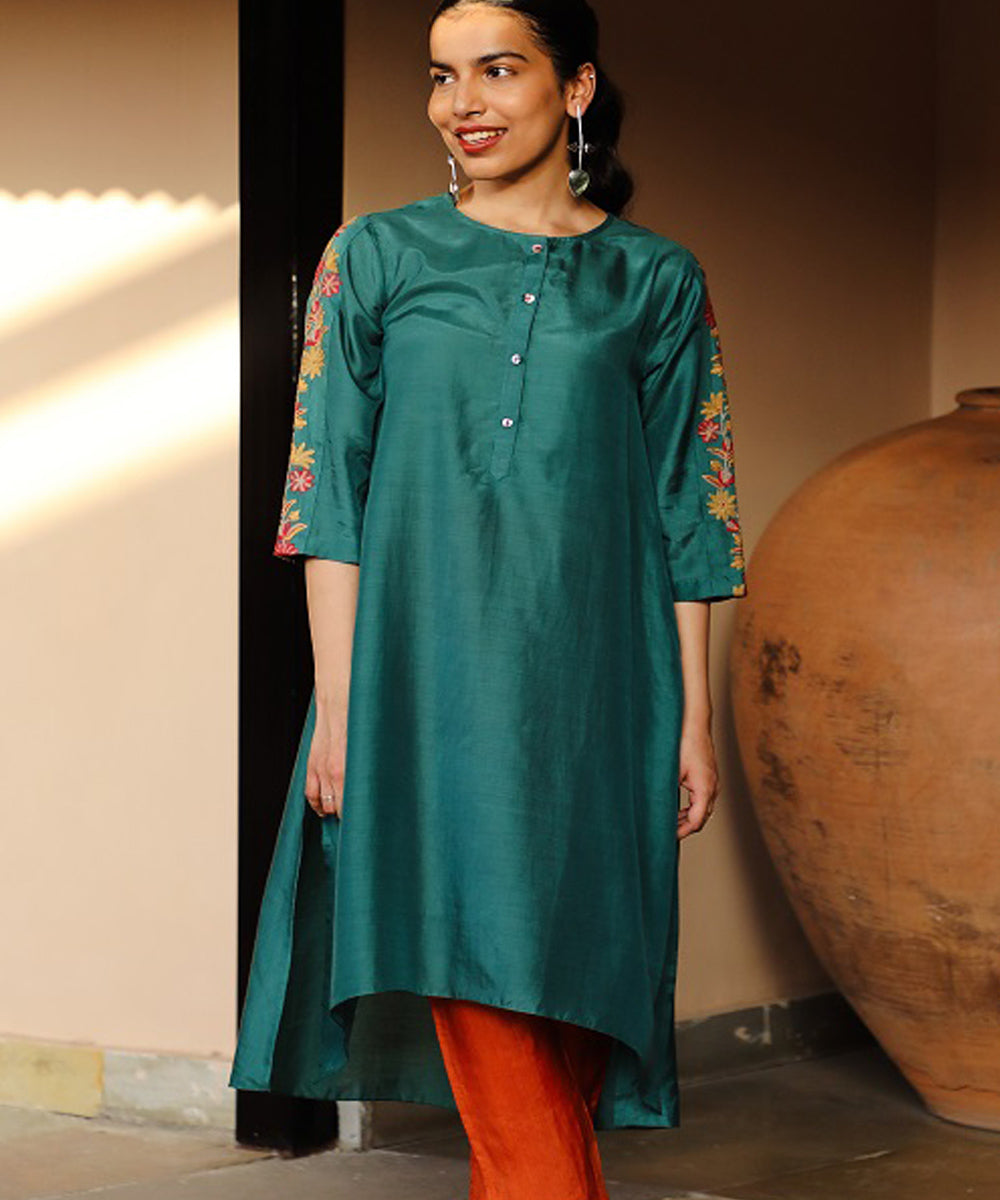 Rangsutra juhi teal green kurta with crewel embroidered sleeves