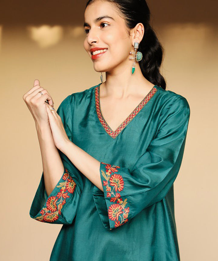 Rangsutra juhi teal green dress with crewel embroidery