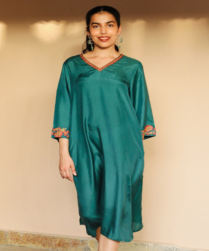Rangsutra juhi teal green dress with crewel embroidery