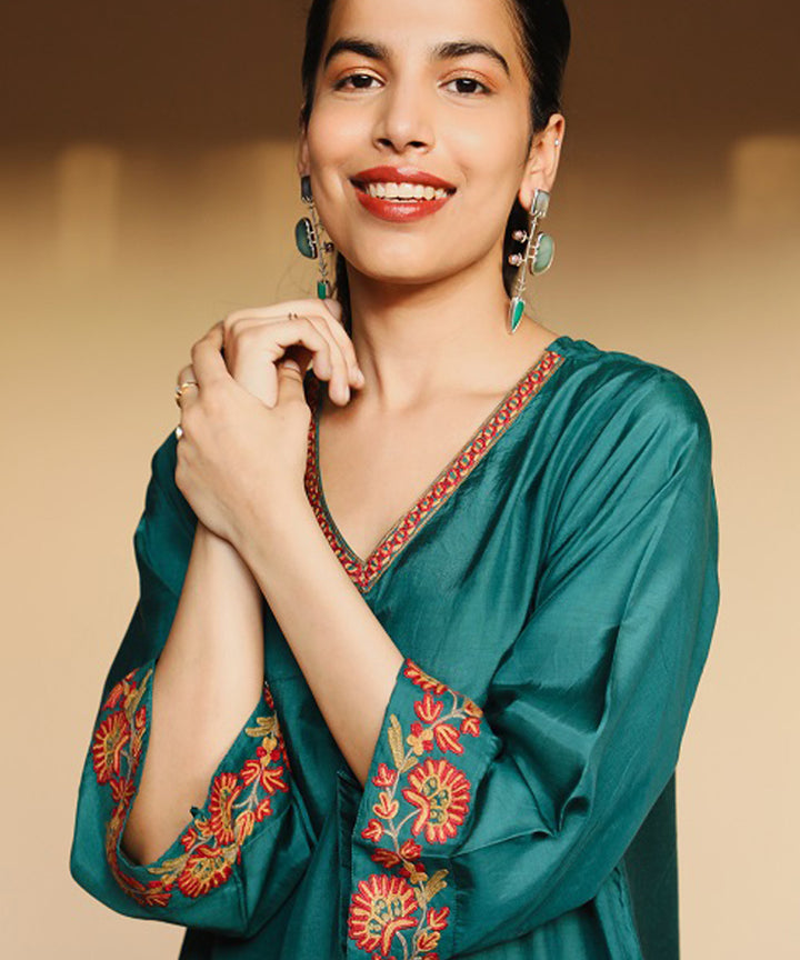 Rangsutra juhi teal green dress with crewel embroidery