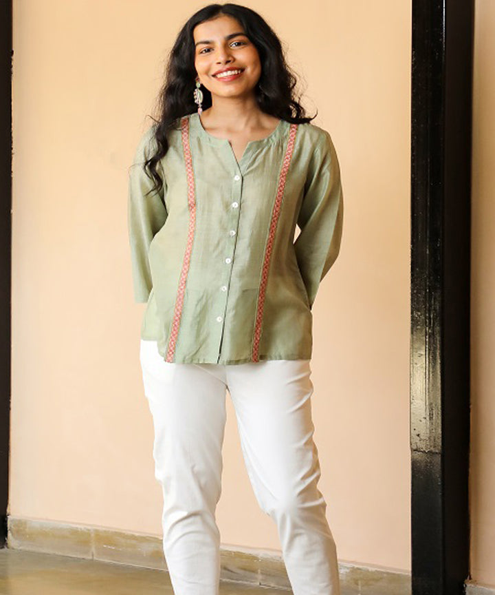 Rangsutra juhi pista green shirt with crewel embroidery