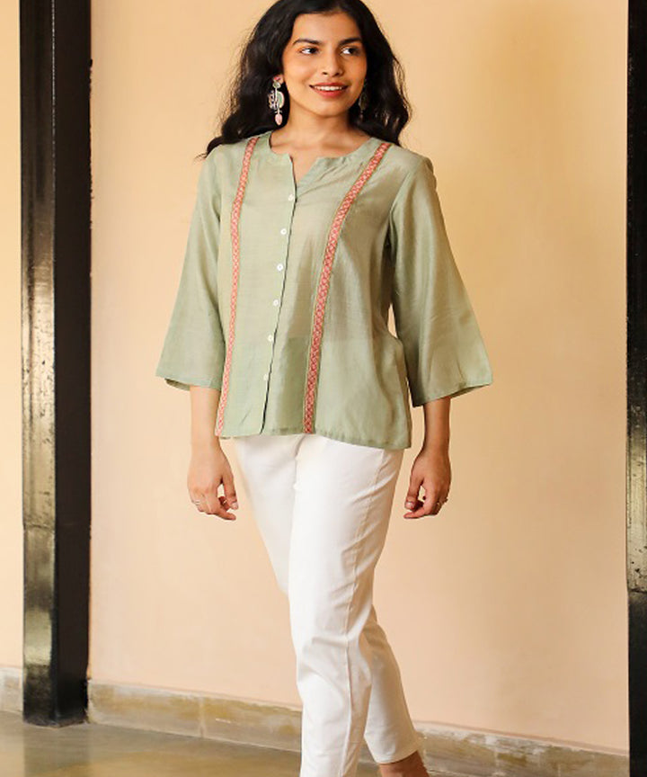 Rangsutra juhi pista green shirt with crewel embroidery