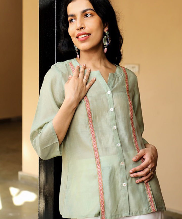 Rangsutra juhi pista green shirt with crewel embroidery