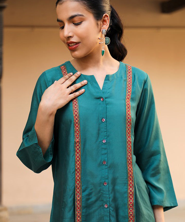 Rangsutra juhi teal green shirt with crewel embroidery