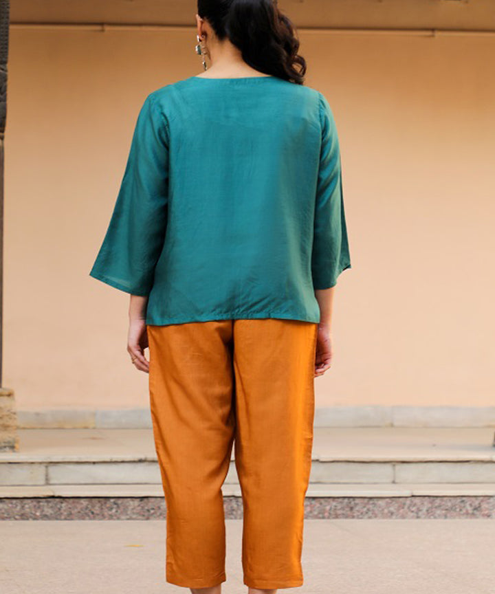 Rangsutra juhi teal green shirt with crewel embroidery