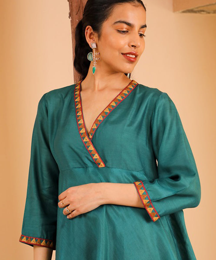 Rangsutra juhi teal green peplum top with crewel embroidery