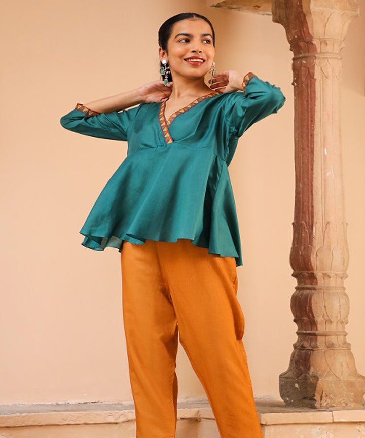 Rangsutra juhi teal green peplum top with crewel embroidery
