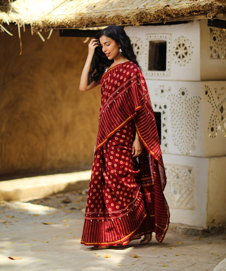 Maroon cotton silk ajrakh block print and embroidery chanderi saree