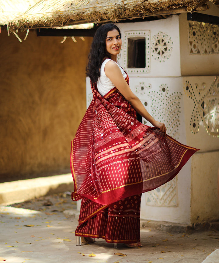 Maroon cotton silk ajrakh block print and embroidery chanderi saree