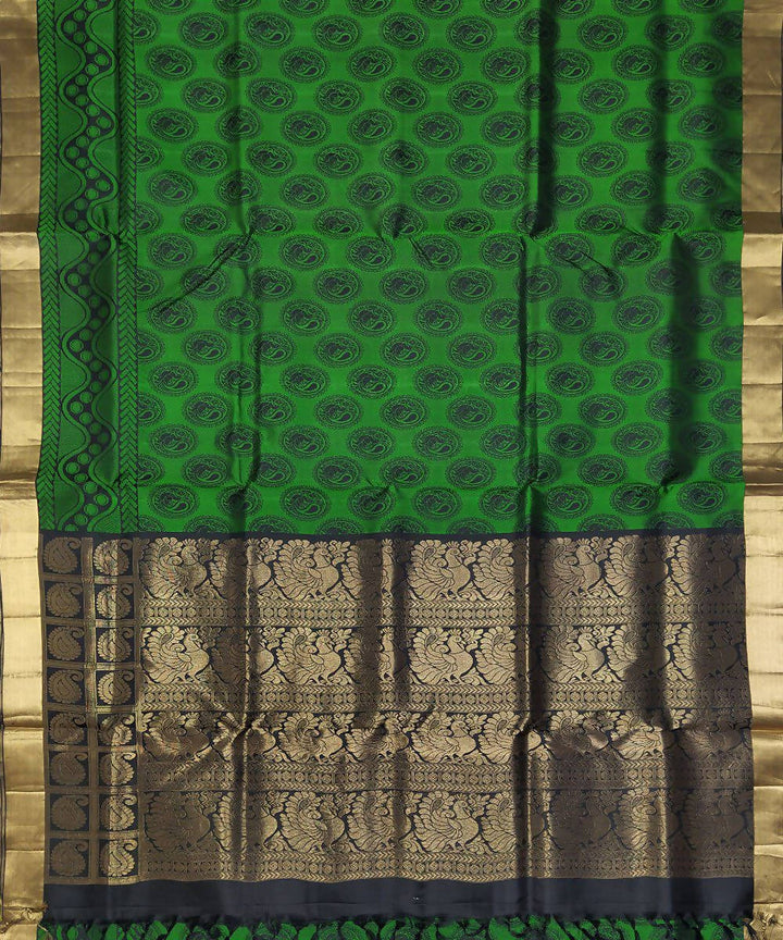 Black with green handloom soft silk peacock motifs saree