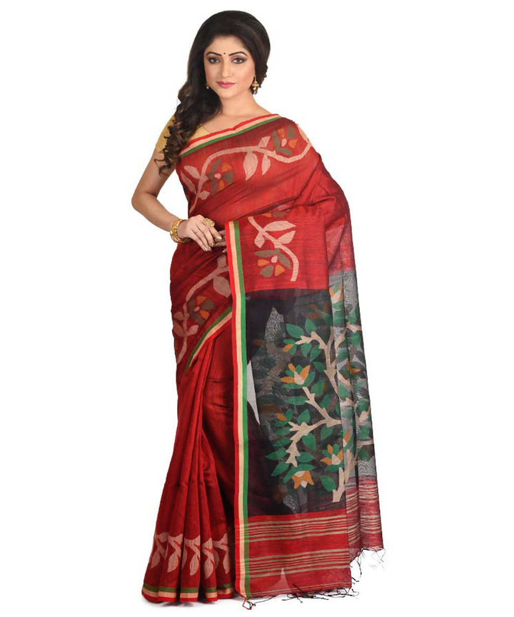 Resham shilpi maroon bengal silk saree with handwoven jamdani work