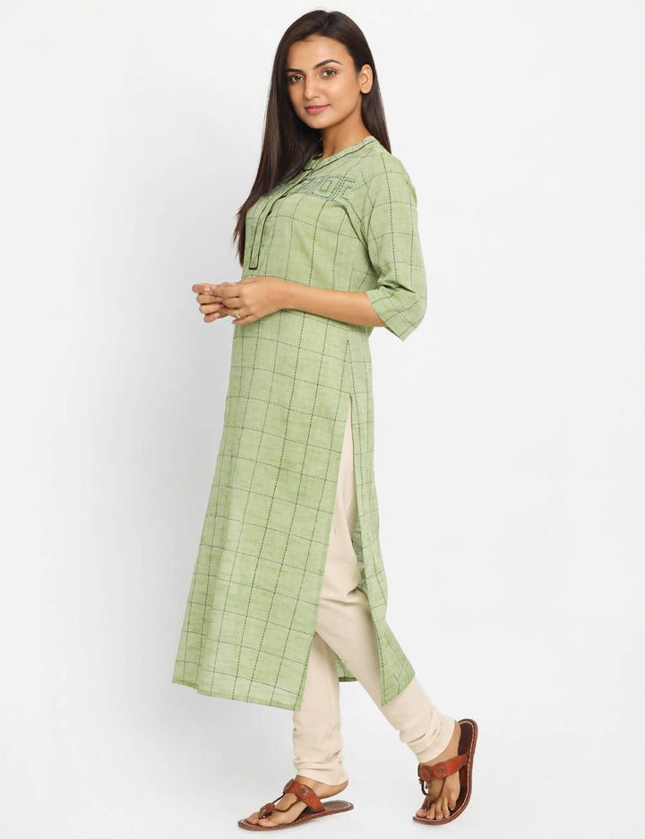 Green Checks Handwoven Cotton Kurta Dress
