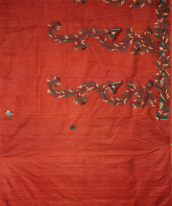 Chestnut brown tussar silk hand embroidery kantha stitch saree