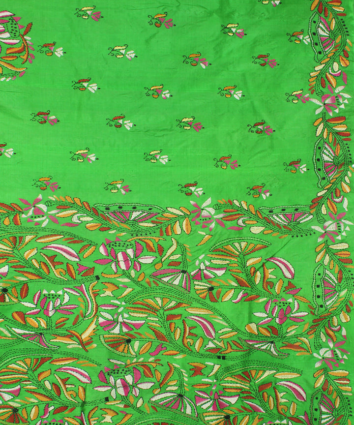 Dark pastel green tussar silk handloom kantha stitch saree