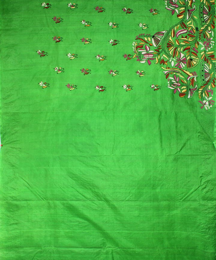 Dark pastel green tussar silk handloom kantha stitch saree